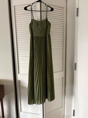 Rihoas Olive Green Pleated Midi Dress - Women's Elegant Spaghetti Strap